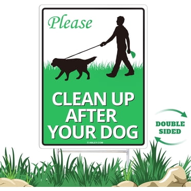 ANLEY Clean Up After Your Dog Sign with Metal Stake - Quick & Easy Install - Clean Up After Pet Warning, Cat Lawn Signs Double Sided Weather Fade Resistant for Yard Garden Grass 12" x 9"