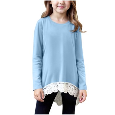Jalioing Chemises à Manches Longues pour Filles, Unies, en Dentelle Patchwork, Col Rond, Hauts pour Enfants et Ados, T-Shirts Décontractés d'Automne