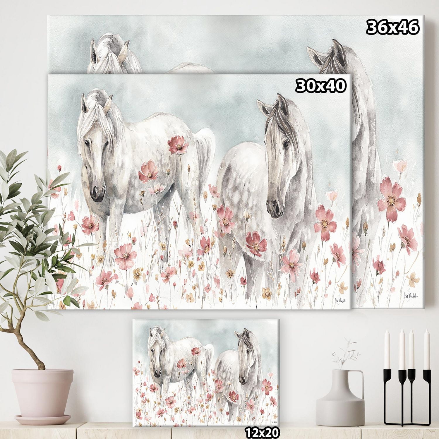 Designart aquarelles chevaux sauvages roses Art mural sur toile