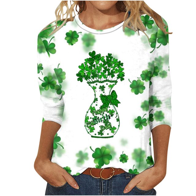 Besolor Hauts pour Femmes de la Saint-Patrick Tendance Manches 3/4 T-Shirts Imprimés Shamrock Col Rond Mignon Tunique de la Saint-Patrick T-Shirt Hauts
