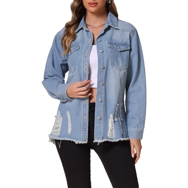 INSPIRE CHIC Women's Jean Jacket Oversized Frayed Hem Pockets Long Sleeve Button Down Denim Jackets M Light Blue