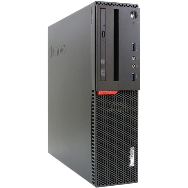 Lenovo ThinkCentre M900 Small Form Factor (SFF) desktop PC tower with a black matte finish, featuring a front panel with a DVD drive, USB 3.0 ports, and audio jacks. Powered by a Quad-Core Intel i5-6500 processor, 8GB RAM, and a 500GB hard drive. Includes Windows 11 Professional and supports Full HD resolution (1920 x 1080). Refurbished condition with normal wear.