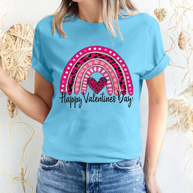 Meichang Hauts pour Femmes Chemise Tendance de la Saint-Valentin Hauts Mignons Imprimé Cœur Hauts de Vacances Manches Courtes Col Rond Décontracté Chandail Blouses