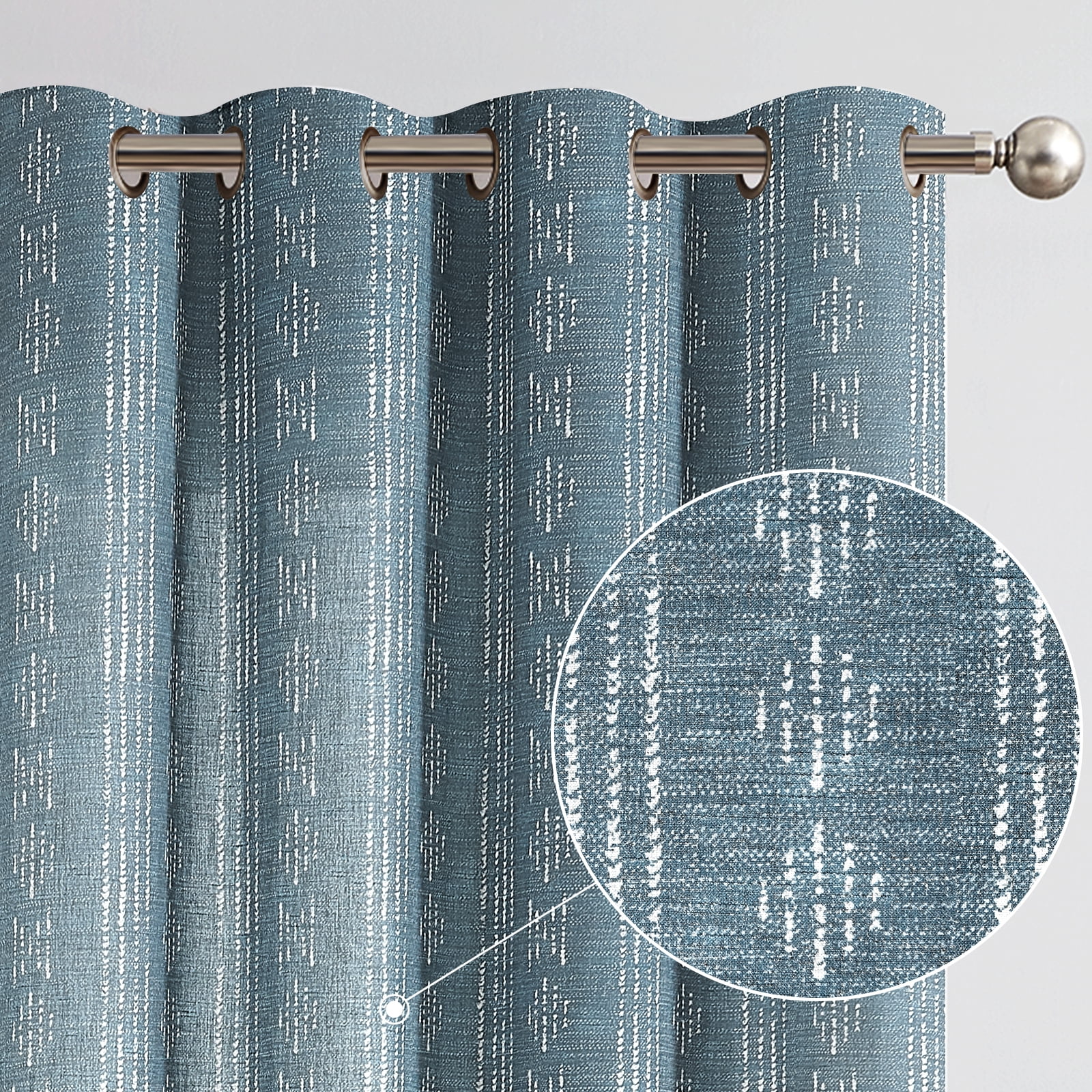 Curtainking Rideaux en Lin à Oeillets pour Salon Rideaux de Fenêtre 52x63 Pouces Rideaux à Rayures Géométriques 2 Panneaux Beige sur Bleu