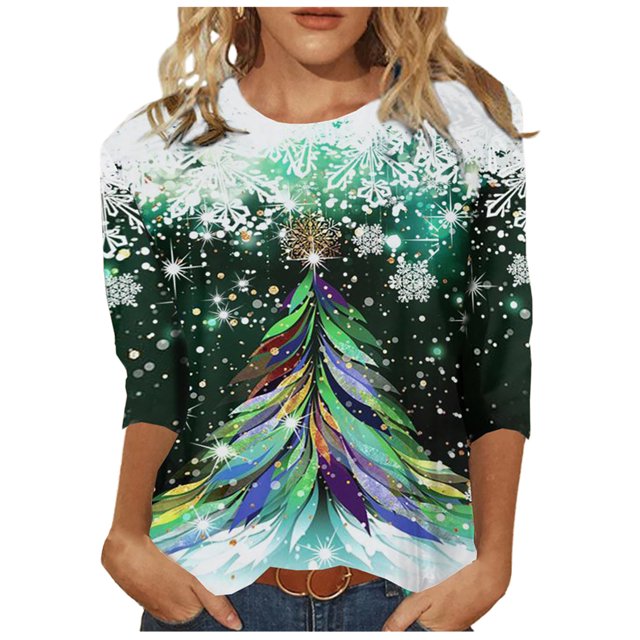IROINID Chemises de Noël en Solde pour Femmes Blouse à Manches Longues Col Rond Imprimé, Blanc