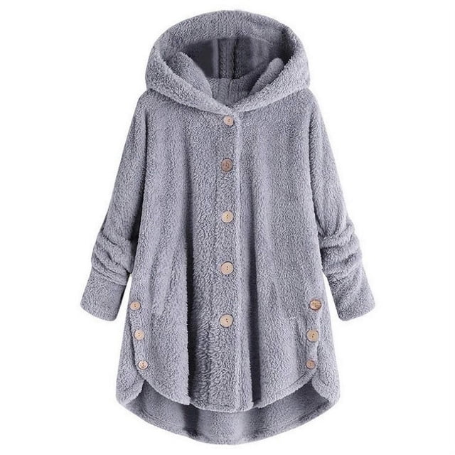 Qertyioot Women Plus Size Button Plush Tops Hooded Loose Cardigan Wool Coat Winter Jacket