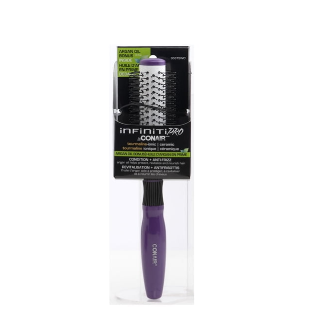 infinitiPRO by Conair Brosse à Cheveux en Nylon avec Manche Violet et Poils Noirs, Dotée de la Technologie Ionique à la Tourmaline et Céramique pour Réduire les Frisottis et Revitaliser les Cheveux, Comprend un bonus à l'Huile d'Argan pour la Nutrition, Idéale pour le Coiffage Quotidien et pour Ajouter du volume.