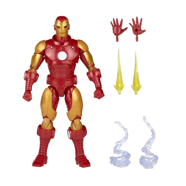Marvel Legends Series Iron Man Model 70 Comics Armor Action Figure 6-inch collectible in red and gold with circular chest arc reactor, displayed with four accessories including two alternate red hands, two yellow rocket burn effects, and two translucent blue smoke effects on a white background.