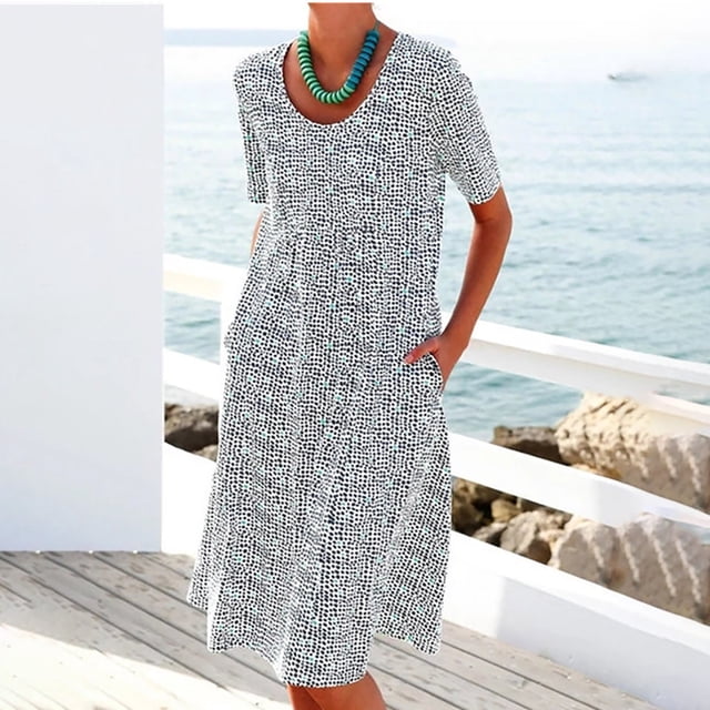 Meichang Robes pour Femmes Été Col Rond Manches Courtes Robes Midi Imprimé Tendance Coupe Ample Robes Décontractées de Travail Robes d'Été Confortables avec Poches