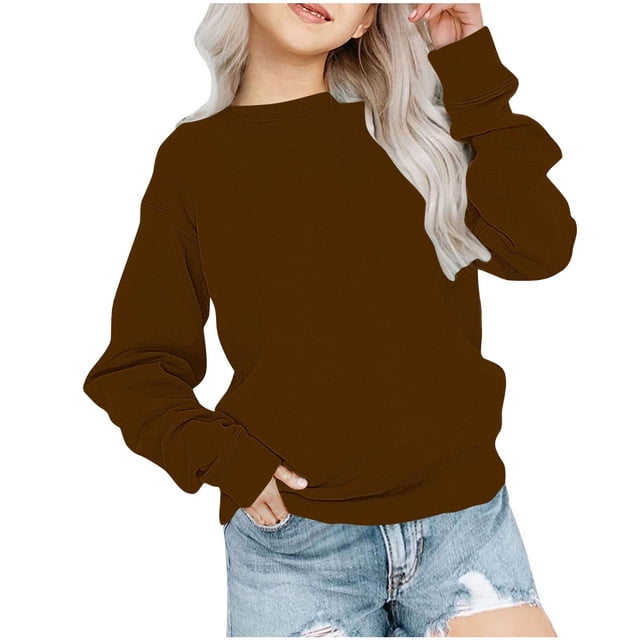 RXIRUCGD Chandail Décontracté pour Petites et Grandes Filles, Couleur Unie, Col Rond, Manches Longues, Tunique Ajustée, Pulls Mode Automne, Chandail Brun pour Filles Taille 7-8 Ans