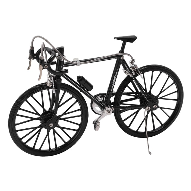 Bicycle Model Ornament, a black high-simulation mini bike model made of alloy, measuring approximately 19cm in length and 13cm in height. Features intricate details including realistic handlebars, pedals, and wheels. Ideal for finger vehicles enthusiasts and suitable for home, car, office, or desktop decor.