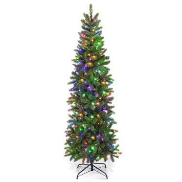 Patiojoy 6 ft Full Artificial Christmas Tree Pre-lit Christmas Tree w/Warm White & Multi-color LED Lights Foldable Metal Stand
