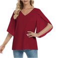 thumbnail image 1 of Hauts Mignons Mode Femme Été Col en V Uni Manches Trois Quarts Haut Décontracté Blouse Hauts Habillés pour Femmes en Liquidation, 1 of 7
