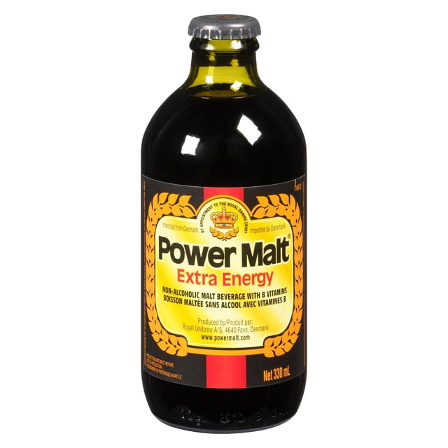 Power Malt Extra Energy 333ml bottle, a dark glass non-alcoholic malt energy drink with B vitamins, caffeine-free and low fat, featuring a yellow and black label with red accents, ideal for a natural energy boost and mental focus.