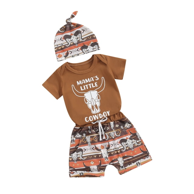SUNSIOM Toddler Boy Shorts Outfit Letter Print Short Sleeve Romper with Cattle Pattern Shorts Hat Set