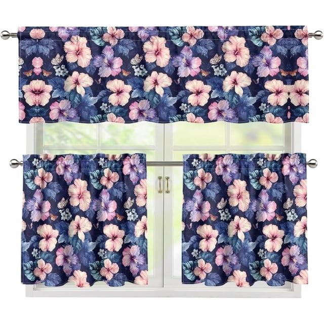 Colorful Hibiscu Kitchen Curtains Window Curtains Valance and Tier Set Modern Rod Pocket Short Tier Curtain for Bathroom Small Cafe Curtains for Decor Kitchen Window Curtains Over Sink
