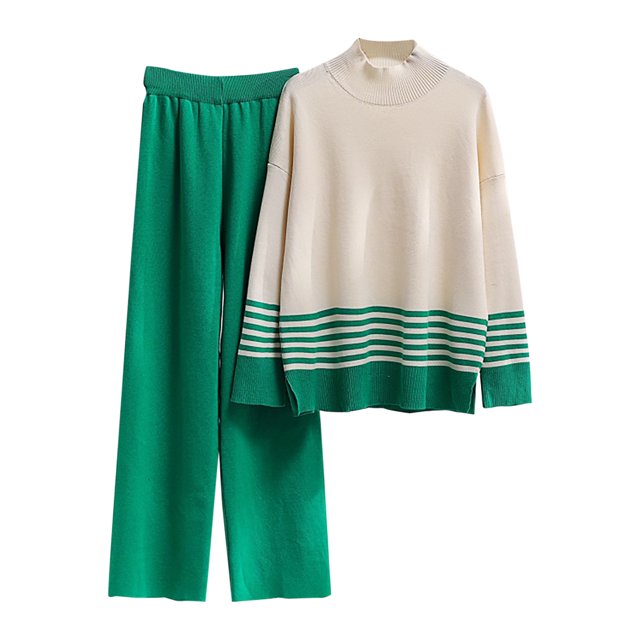 Yuyuzo Womens Ribble Knit 2 Piece Sets Long Sleeve Turtleneck Pullover Sweaters with Straight Leg Pants Suits