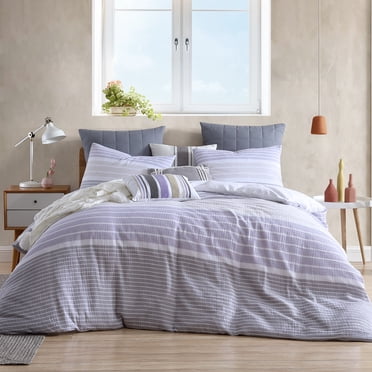 Swift Home 100% Cotton Yarn-Dyed Stripe Gauze Duvet Cover Set, Textured, Twin, Purple