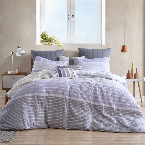 Swift Home Ensemble housse de couette en gaze à rayures teintes en fil 100 % coton, texturée, Lit simple, Violet