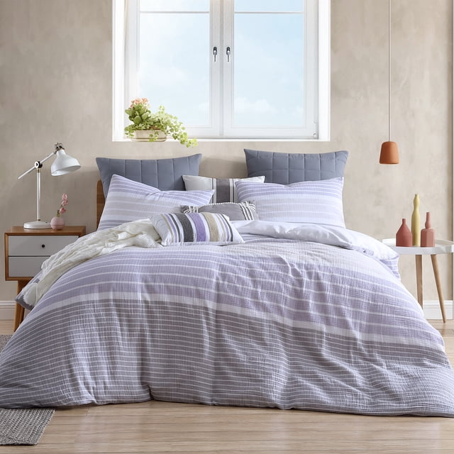 Swift Home 100% Cotton Yarn-Dyed Stripe Gauze Duvet Cover Set, Textured, Twin, Purple