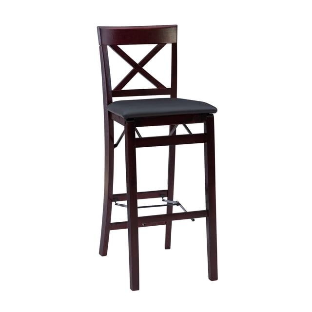 Bronson X Back Folding Bar Stool with merlot finish and brown faux leather seat, decorative X back, folding design for easy storage, 30-inch seat height, front and rear supports for stability, ideal for kitchen or home pub seating.