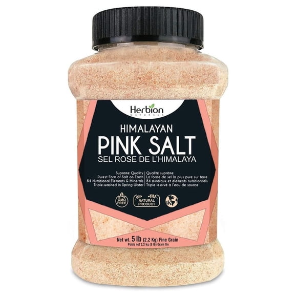 Herbion Naturals Himalayan Pink Salt - Fine Grain - 5 lb. (2.2 Kg) Unbreakable Jar - Kosher Certified - GMO-Free - Vegan - Supreme Quality - Chemical Free.