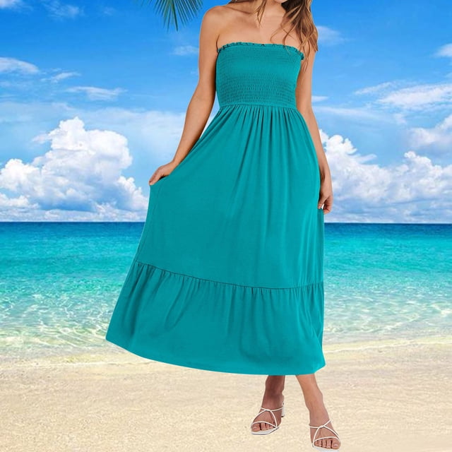 Gspmoly Robes pour Femmes Grande Taille, Robe d'Été pour Femmes Sans Bretelles Smockée Évasée en Ligne A Mode Bohème Plage Robe de Fête Longue Maxi avec Poches Robes de Cocktail Aubaines