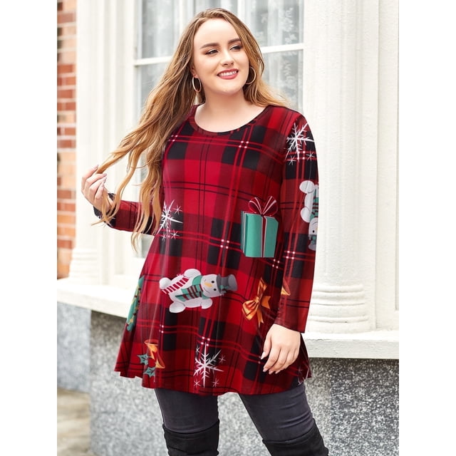 LARACE T-Shirt de Noël pour Femme Grande Taille à Rayures Boho à Manches Longues Tunique Col Rond Blouse en Tricot Flower46 4X