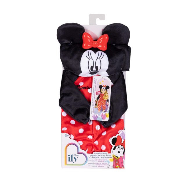 Disney Ily 4EVER - 18 Inch Doll Outfit - Minnie Mouse Onesie featuring a red and white polka-dot onesie with black sleeves and a black hood with Minnie Mouse ears and a red bow, designed for most 18-inch dolls, displayed in packaging with Minnie Mouse graphics.