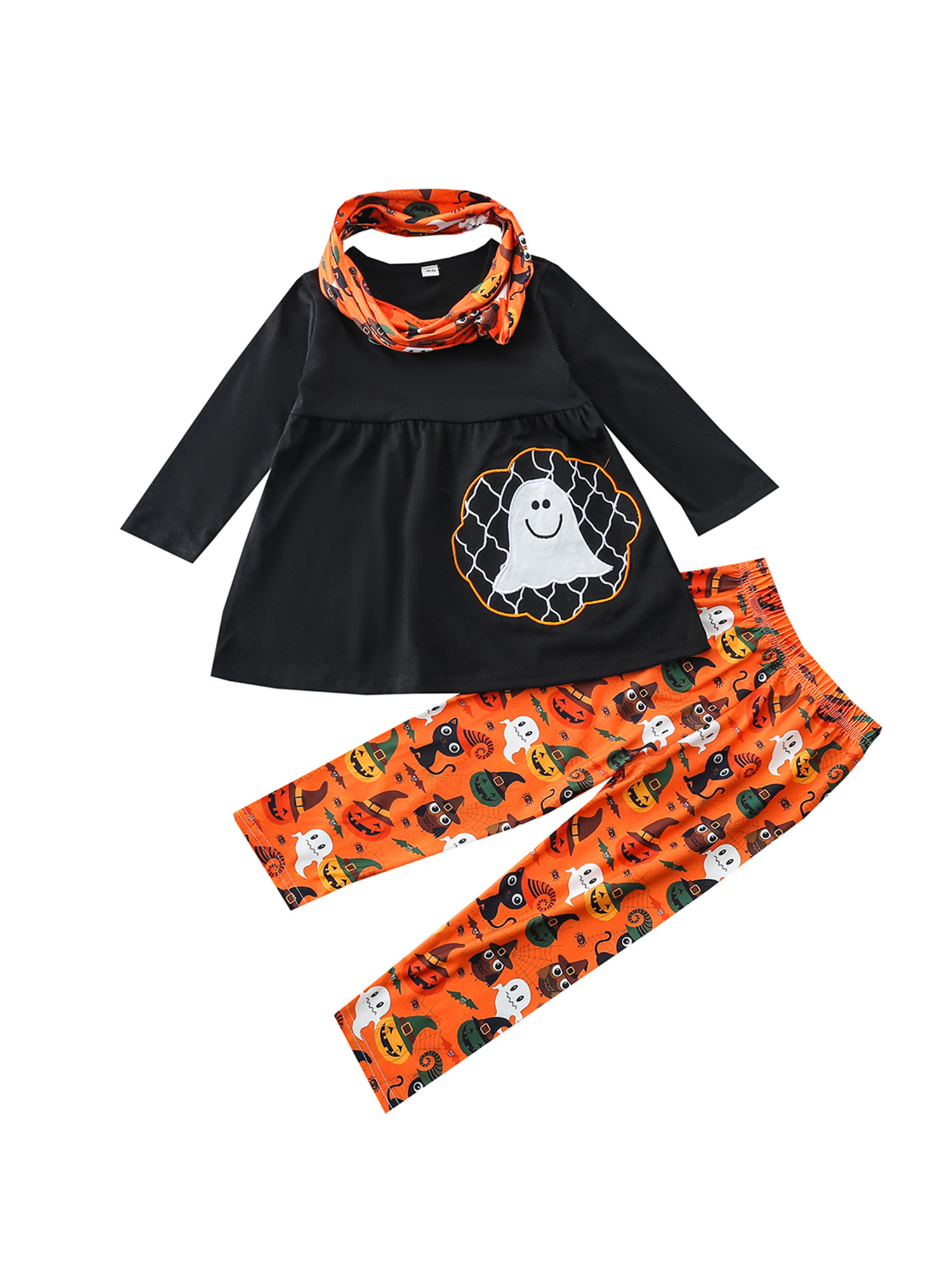 Kmbangi Girls Halloween Clothes Set, Tops+Pumpkin Print Trousers+Scarf