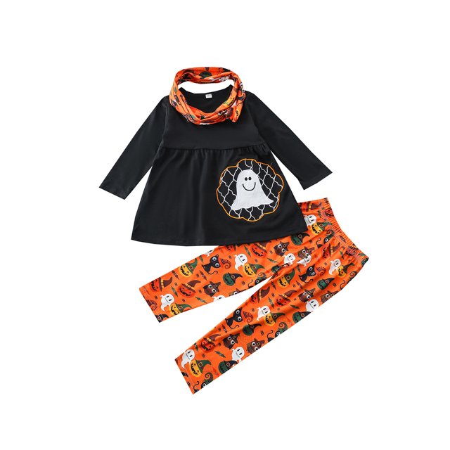 Kmbangi Girls Halloween Clothes Set, Tops+Pumpkin Print Trousers+Scarf