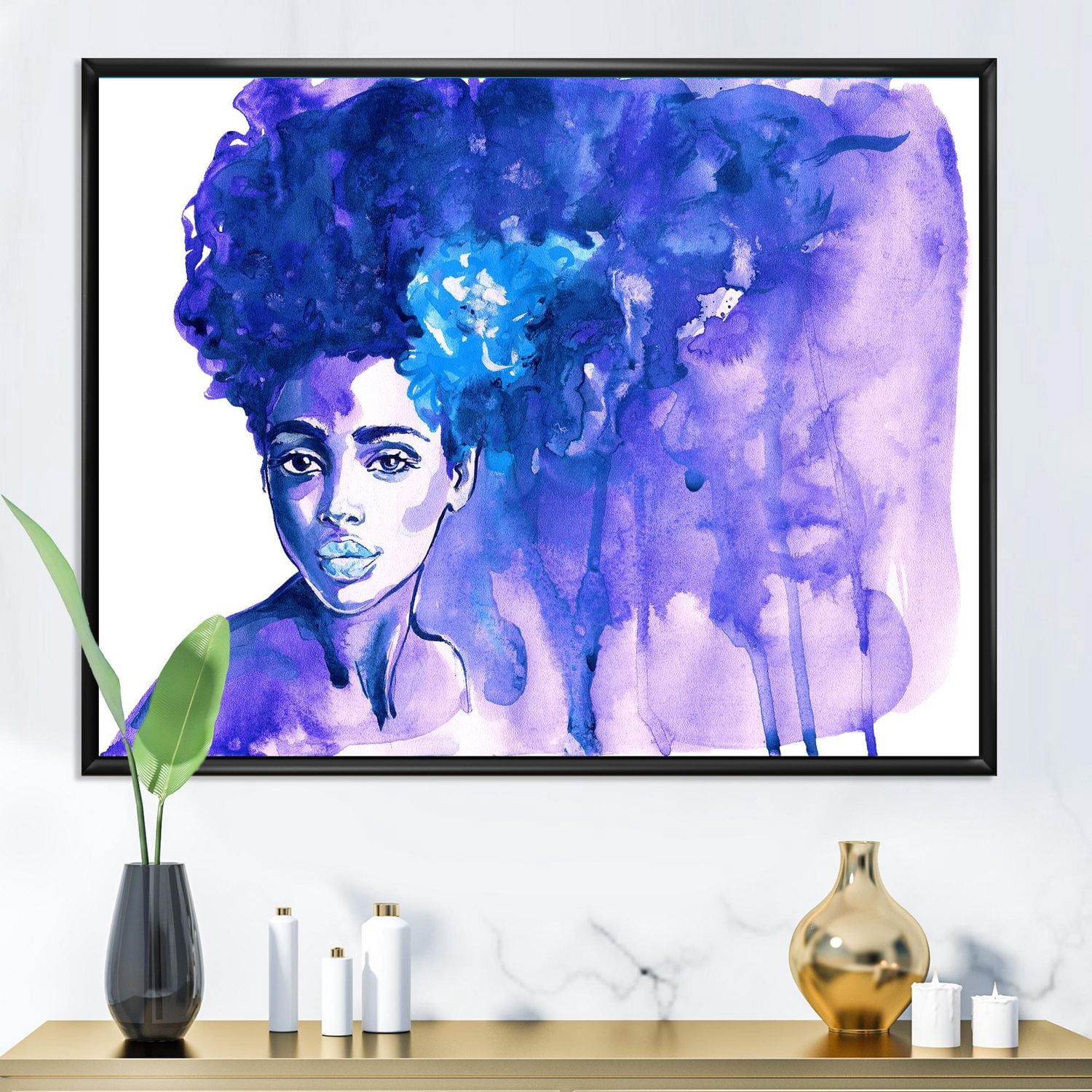 Designart Portrait bleu glorieux de femme afro-américaine ART MURAL À CADRE FLOTT