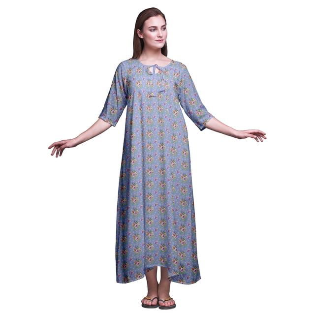 Bimba Lavande Bleu Floral Camélias en Floraison et Rose Maxi Vêtements de Nuit pour Femmes Été Chemises de Nuit Imprimées Très Grand