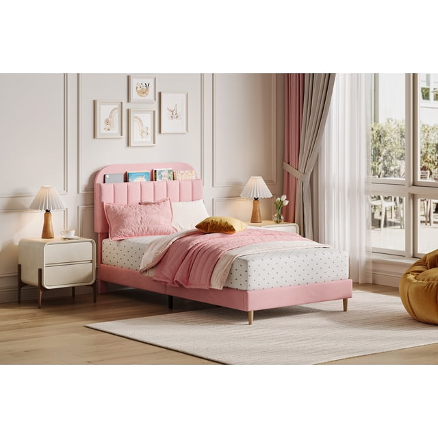BeesClover Velvet Platform Bed with Storage Headboard and Bookcase, Upholstered Bed Frame for Kids and Girls, Quiet Design with Strong Wood Slats and Metal Legs, Easy Assembly