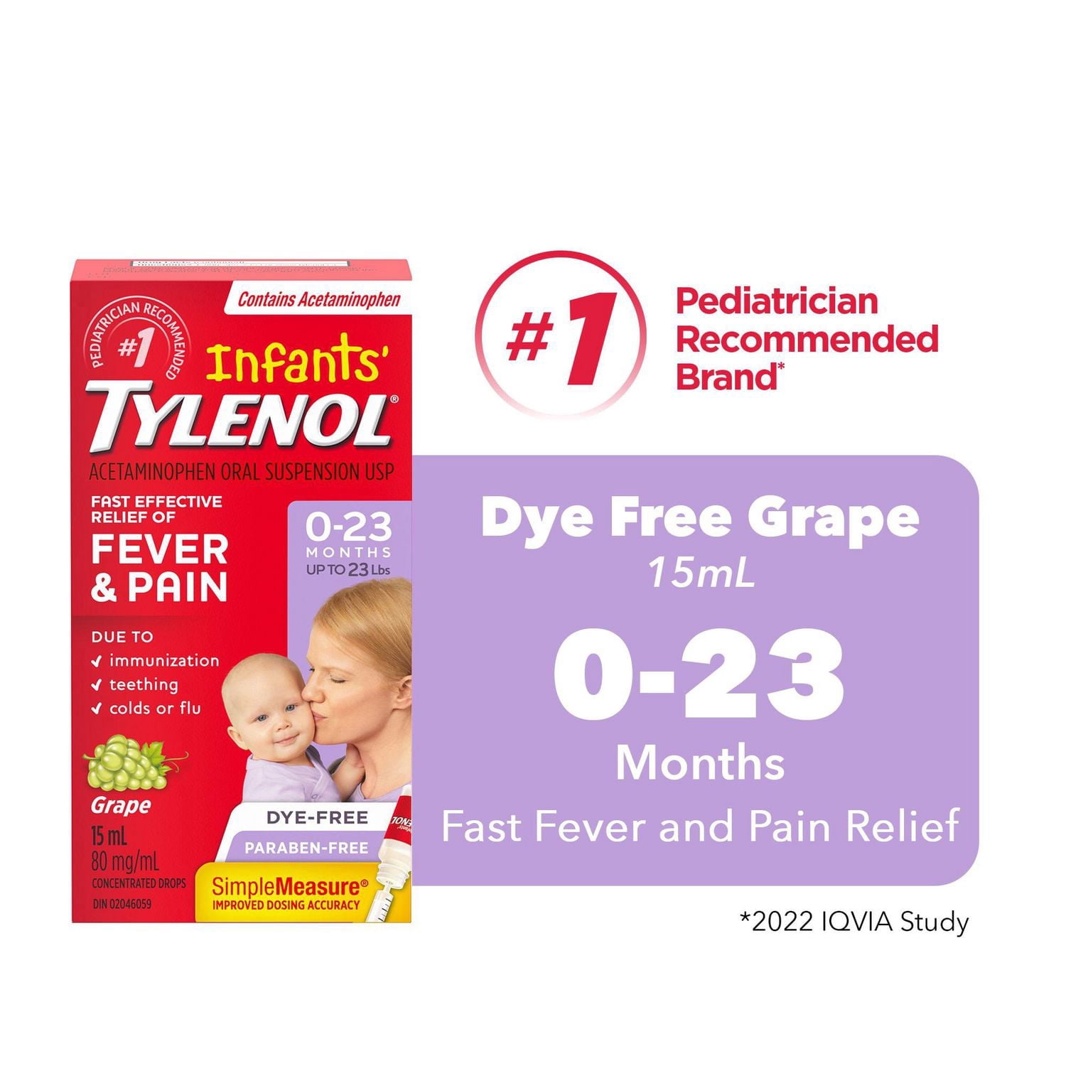 Tylenol Médicament pour Nourrissons, Soulagement de la Fièvre & de la Douleur, 0-23 Mois, Suspension Liquide au Raisin Sans Colorant, Acétaminophène 80mg