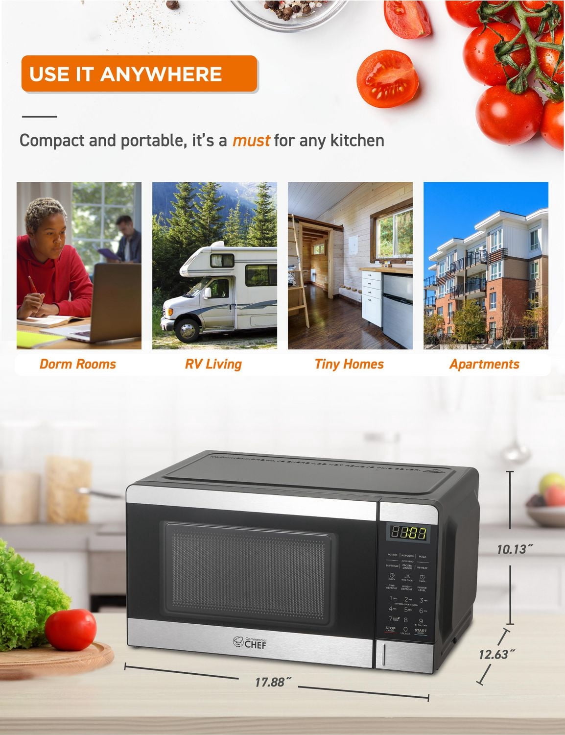 COMMERCIAL CHEF Micro-ondes de 0,7 pied cube avec 10 niveaux de puissance, petit micro-ondes avec bouton poussoir, micro-ondes de comptoir 700 W jusqu'à 99 minutes, minuterie et affichage numérique, a