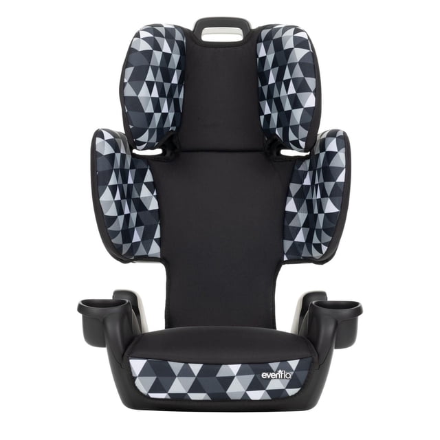 Evenflo GoTime Sport Siège d'Appoint à Dossier Haut pour Voiture avec Siège Rembourré Noir et Motif Triangulaire Géométrique Gris et Blanc sur l'Appuie-tête et les Accoudoirs, Doubles Porte-Gobelets, Conçu pour les Enfants de 40 à 120 Lb et de 44 à 57 Pouces de Hauteur.