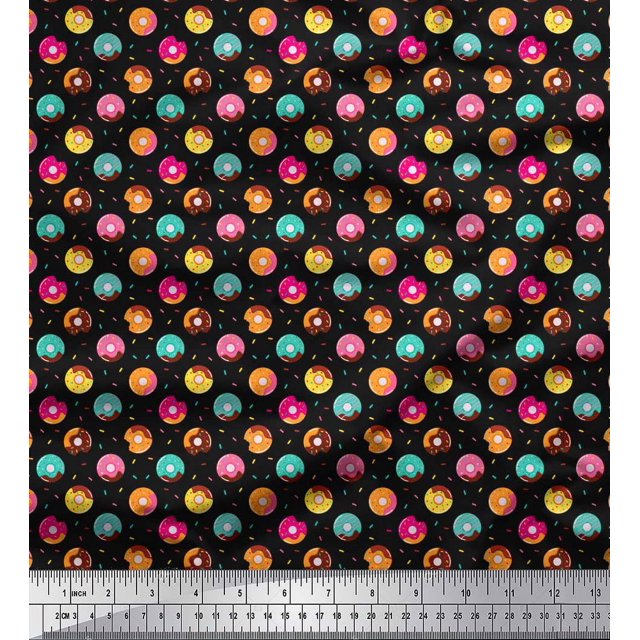 Soimoi Black Poly Georgette Fabric Donuts Food Decor Fabric Printed Yard 52 Inch Wide