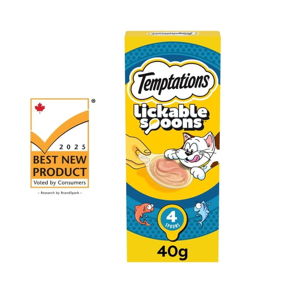 TEMPTATIONS Cuillères à Lécher Gâteries pour Chats Adultes Saveur de Saumon Savoureux & de Thon Tentant 4 Cuillères