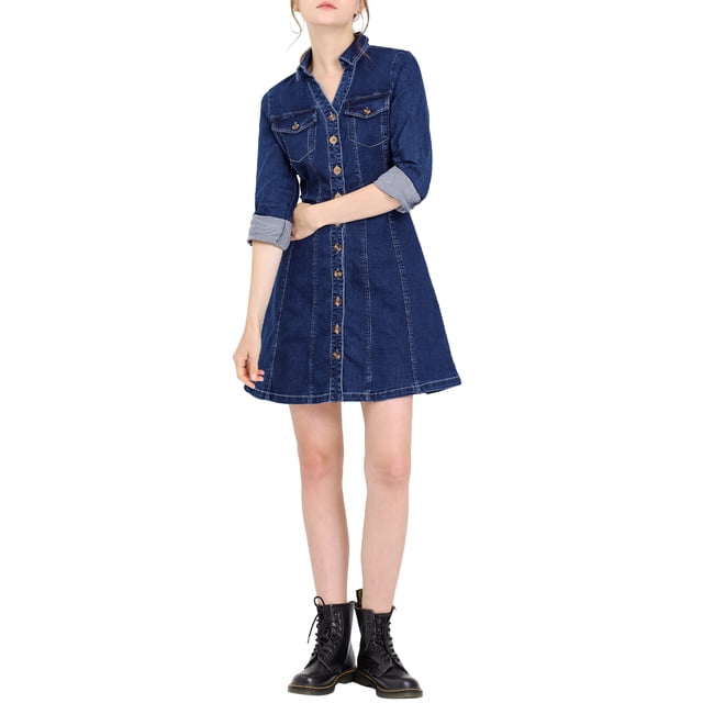 Robe en Denim pour Femme, Boutonnée, Col à Revers, Col en V, Manches Longues, Ligne A, Robe en Jean en Coton, TG Bleu Foncé