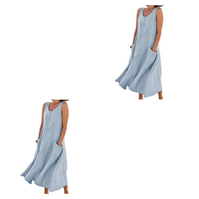 pitrice Femmes Été Coton Lin Robe Sans Manches Col Rond Boho Vintage Style Plage Couleur Unie en Vrac Kaftan Porter Tous les Jours Bleu Ciel / XXL 2Set