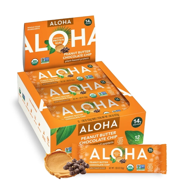 ALOHA , Plant Based Protein Bars, Peanut Butter Chocolate Chip (Pack of 12) Vegan, gluten-free plant-based protein snack bars in a 12-bar pack, peanut butter chocolate chip flavour with chocolate chips in every bite, labelled 14g plant-based protein, 10g fiber, 5g sugar, USDA Organic, Non-GMO Project Verified; suitable as a grab-and-go workout or travel snack.