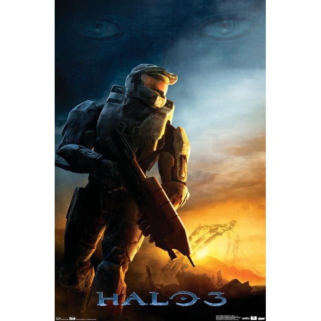 Halo 3 - Awakening Wall Poster depicting Master Chief in detailed battle armor holding a rifle, set against a glowing orange sunset with a futuristic ring structure in the background, printed on glossy paper suitable for home décor and gaming spaces.