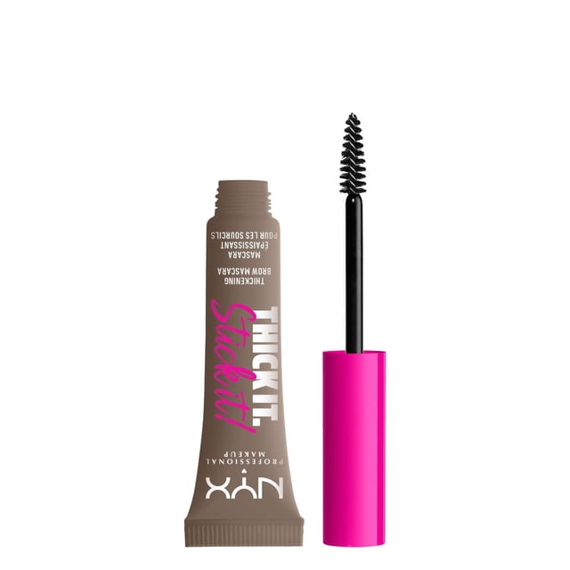 NYX Professional Makeup Thick it stick it brow mascara in taupe with open tube and black spoolie brush, designed to tint, tame, and thicken eyebrows with a natural finish and 16-hour wear