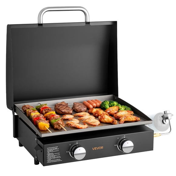 VEVOR Gas Griddle, 2 Burner Tabletop Griddle, 22 inch Portable Griddles Propane with Lid, Oil Drain Hole & Oil Collection Tray, 2 x 11000BTU