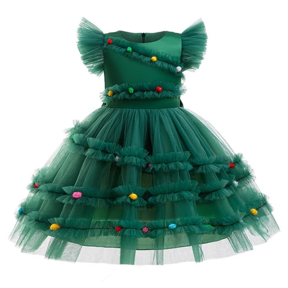 Zanarzt Toddler Girls Tutu Dresses Christmas Party Dress Girls Dress Bow Solid Color Dress Children Dress Evening Dress Green,6-8 Years