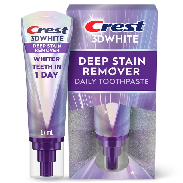Crest 3DWhite Brilliance Deep Stain Remover Toothpaste 67 mL tube with purple pump dispenser and iridescent finish, shown with its matching purple and silver holographic box, formulated for daily use to whiten teeth and remove deep stains in one day.
