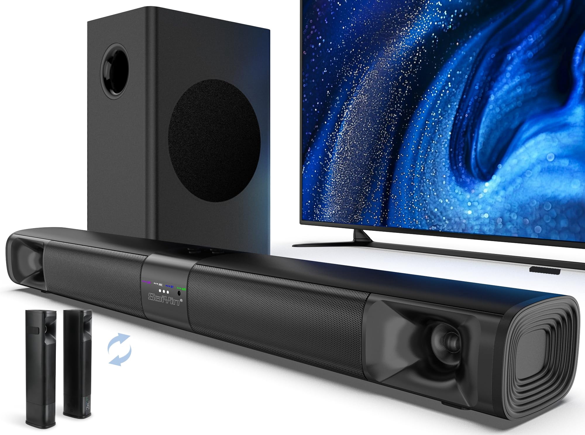 Saiyin Sound Bar for Smart TV with Subwoofer, 100W Detachable Soundbar Home Theater Surround Sound System for TV with Horn Tweeter, Adjustable Bass a