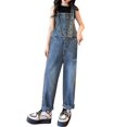 thumbnail image 3 of XIMIN Girls' Washed Denim Overalls - Adjustable Strap Button Front Bib Overalls with Pockets & Cropped Fit (Blue, 13-14 Years), 3 of 9