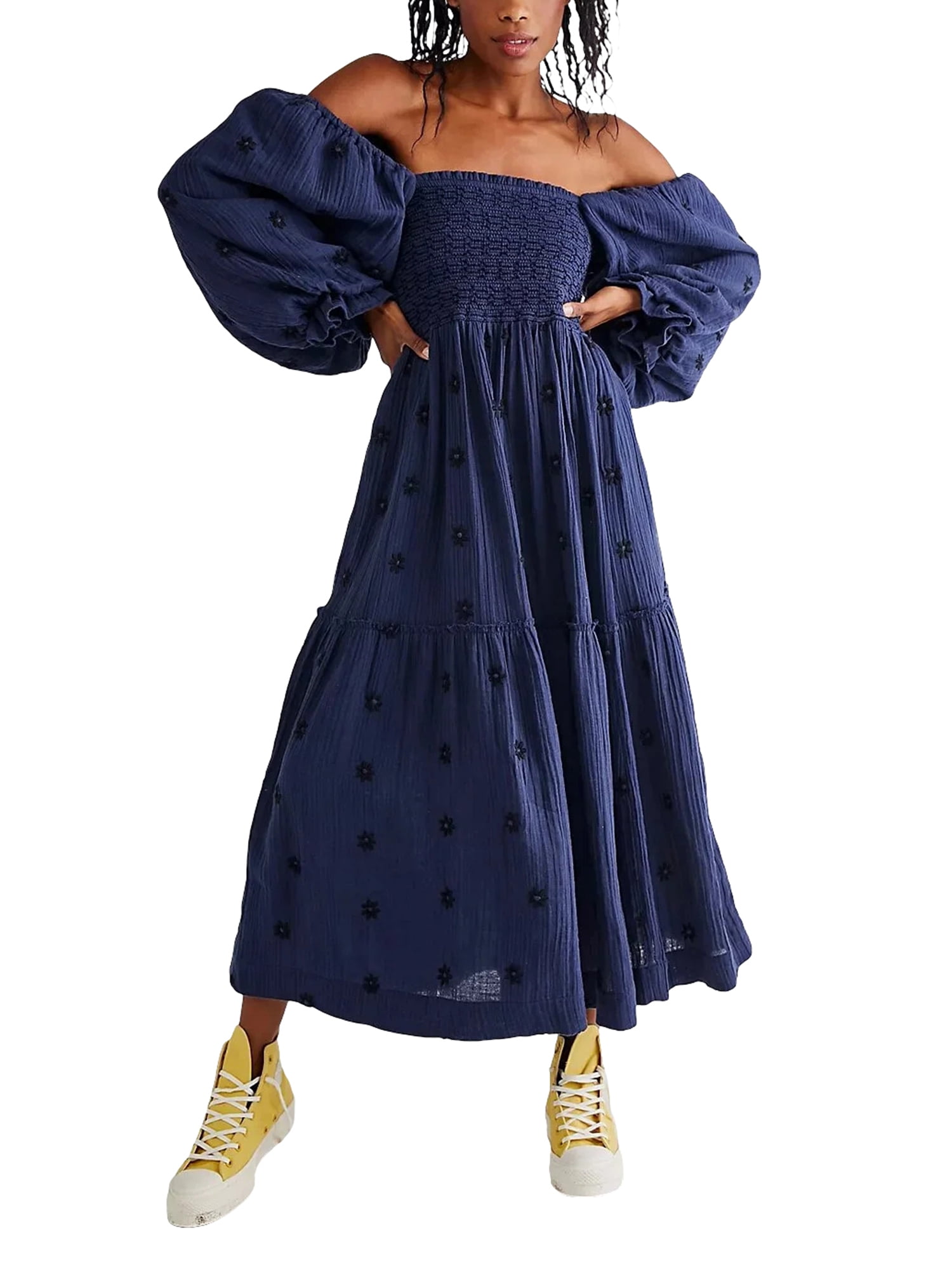 Kmbangi Robe Longue Décontractée d'Été pour Femme, Fleurs Brodées 3D, Encolure Carrée, Manches Bouffantes, Robe Mode Dos Nu, Robe Trapèze